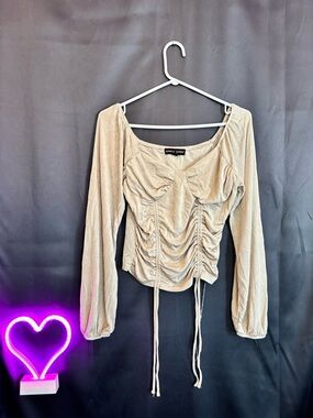 Almost Famous Ruched Long-Sleeve Square-Neck Top in Beige off shoulder tie up